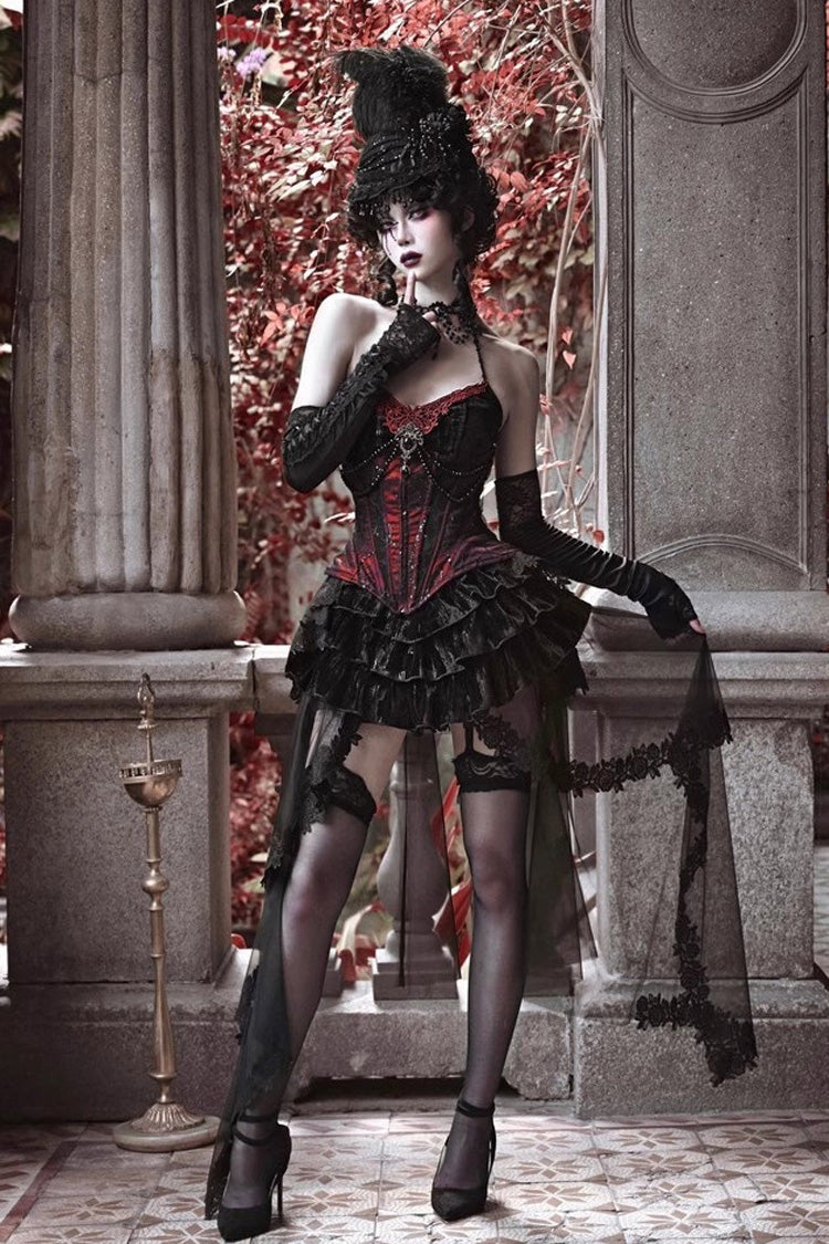 Black/Red Duchess Rococo Fishbone Girdle Multi-layer Ruffle Gothic Lolita Skirt - Product - 5