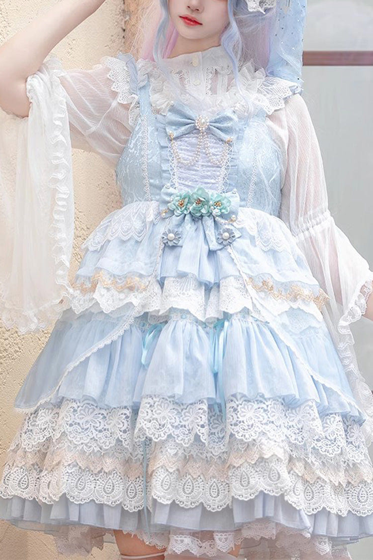 Multi-layer Sleeveless Undine's Tears Print Ruffle Hanayome Bowknot Sweet Lolita Jsk Dress 2 Colors - Blue - 1