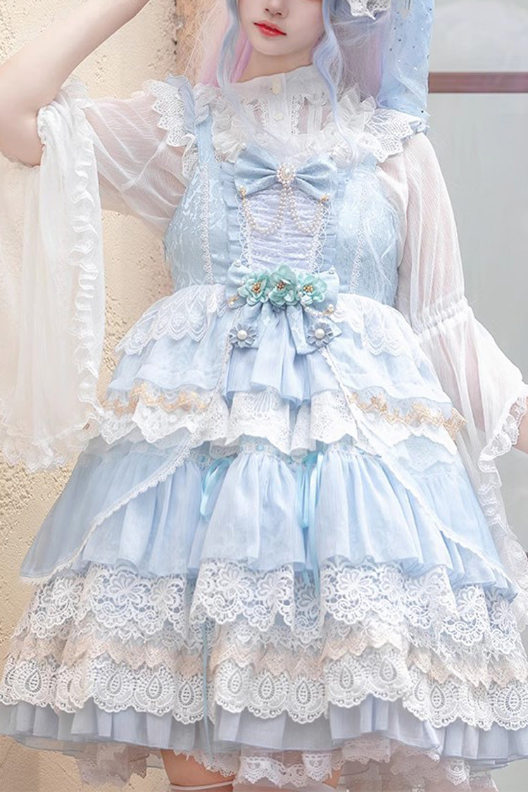 Multi-layer Sleeveless Undine's Tears Print Ruffle Hanayome Bowknot Sweet Lolita Jsk Dress 2 Colors - Blue - 1