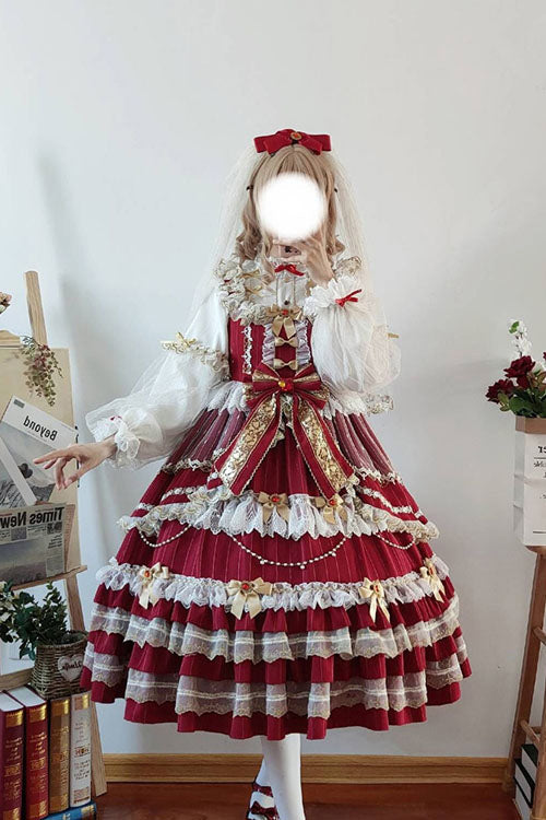 Wine Hanayome Bowknot Princess Multi-Layer Ruffled Sweet Lolita JSK Dress - Product - 2