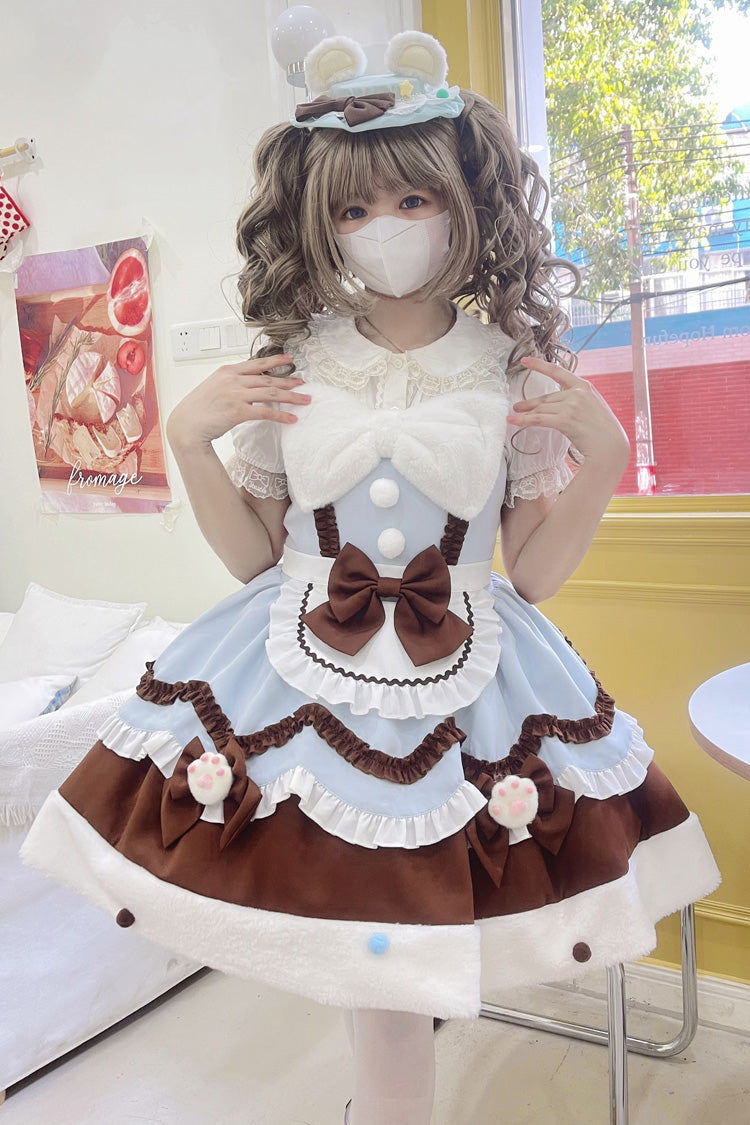 Blue/Brown [Cream Snow Cat] Winter Ruffle Bowknot Sweet Lolita Jsk Dress - Blue/Brown - 1
