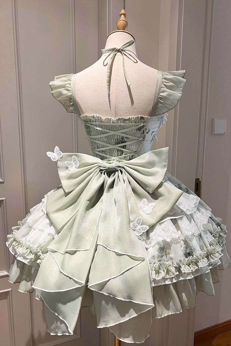 Green [Promise of the Blooming Season] Print Ruffle Bowknot Lace Sweet Princess Lolita Jsk Dress - Product - 3