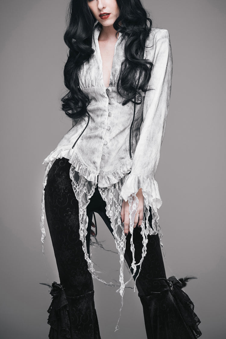 White Printed V-Neck Long Sleeve Flare Cuff Back Waist Lace-Up Irregular Lace Tassels Hem Women's Gothic Blouse - White - 1