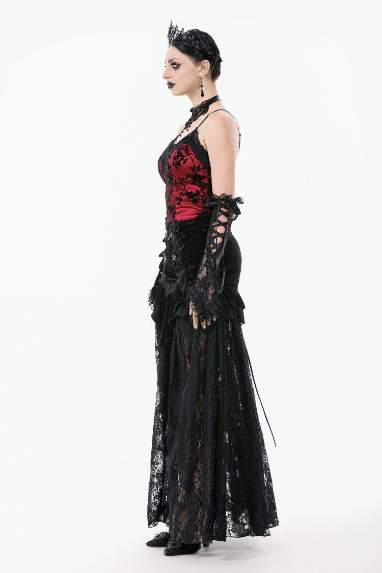 Black Multi-Layered Ruffled Velvet Spliced Lace Lace-Up Women's Gothic Long Skirt - Product - 11