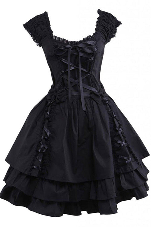 Black Lace Cotton Sleeveless Ruffled Gothic Lolita Dress - Black - 1