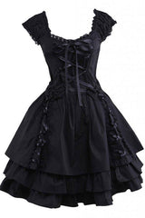 Black Lace Cotton Sleeveless Ruffled Gothic Lolita Dress - Black - 1