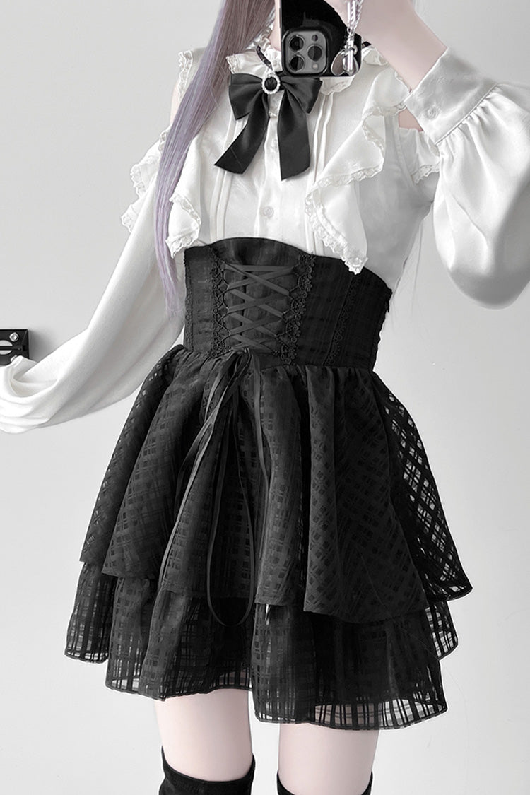 Black [Blackberry Rite] Lace Bowknot Lace-Up Jirai Kei Skirt - Product - 7
