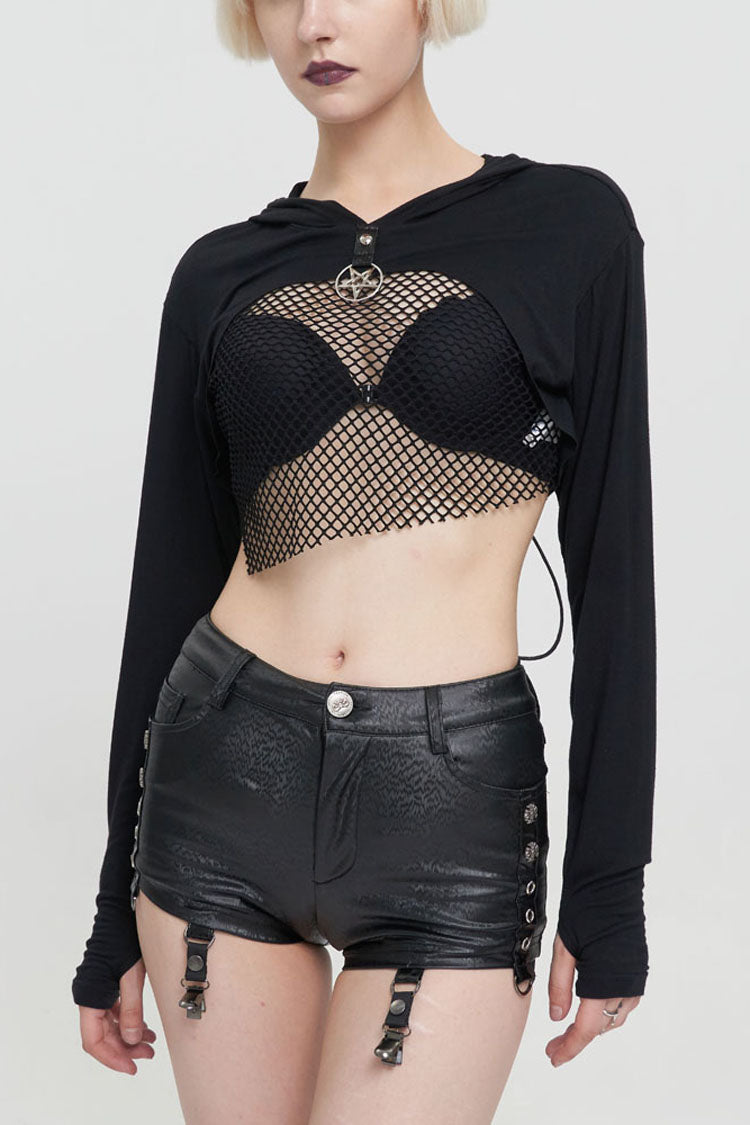 Black Punk Long Sleeve Knitted Chest Mesh Perspective Back Drawstring Adjustment Hoodie Women's Shirt - Black - 1
