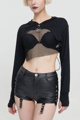 Black Punk Long Sleeve Knitted Chest Mesh Perspective Back Drawstring Adjustment Hoodie Women's Shirt - Black - 1