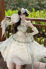 Apricot Print Ruffle Embroidery Bowknot Lace Sweet Chinese Style Lolita Jsk Dress Full Set - Product - 3