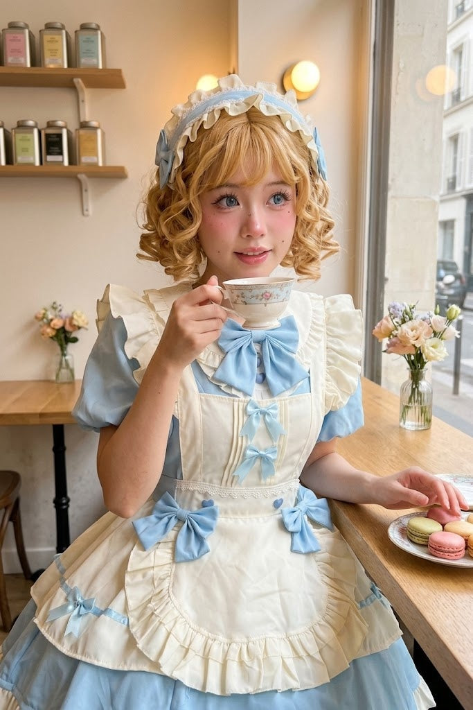 Blue and White Ruffled Lolita Dress with Apron Bow Accent 商品画像