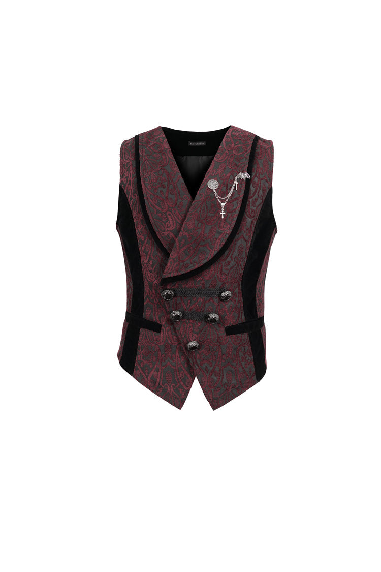 Red Slim Retro Jacquard Chest Metal Chain Cross Men's Gothic Vest - Product - 6
