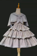 [From the Other Side] Sleeveless Triple-Layered Vertical Stripes Print Print Ruffle Bowknot Sweet College Style Lolita Jsk Dress - Grey - 2