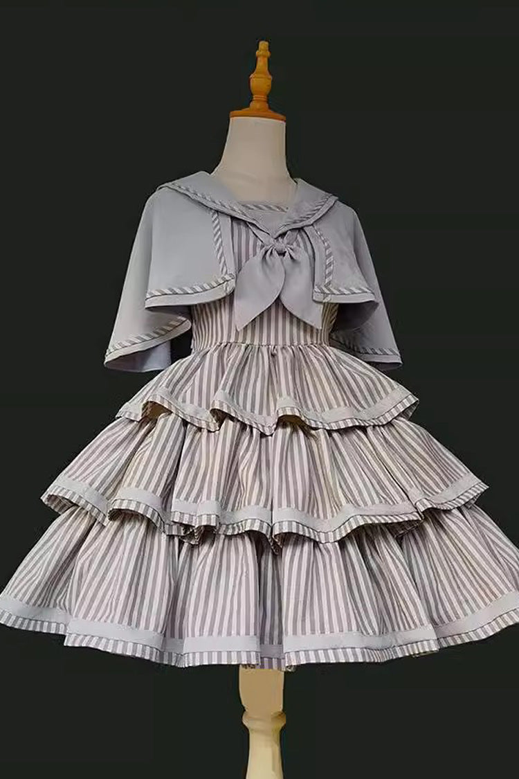 [From the Other Side] Sleeveless Triple-Layered Vertical Stripes Print Print Ruffle Bowknot Sweet College Style Lolita Jsk Dress - Grey - 2