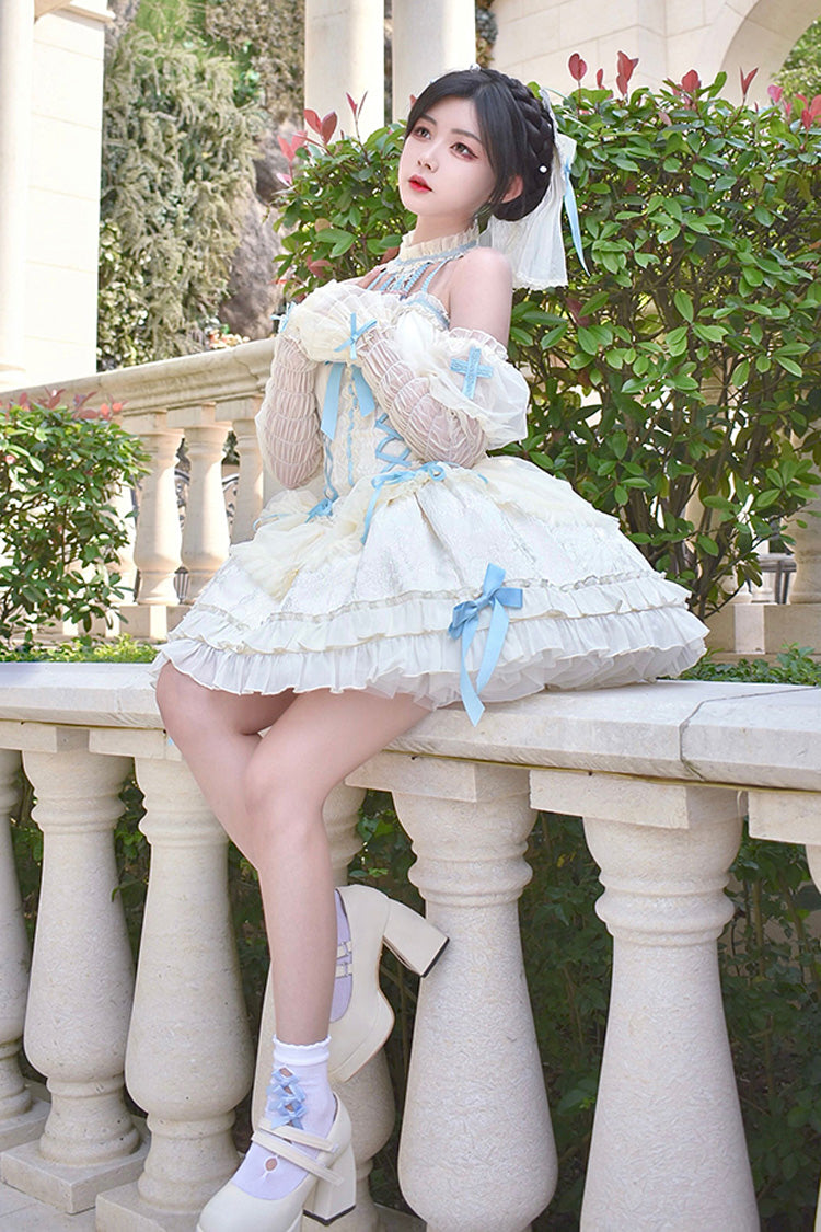 Blue/Ivory Tube Top Sleeveless Ruffle Bowknot Gothic Lolita Jsk Tiered Dress - Product - 6