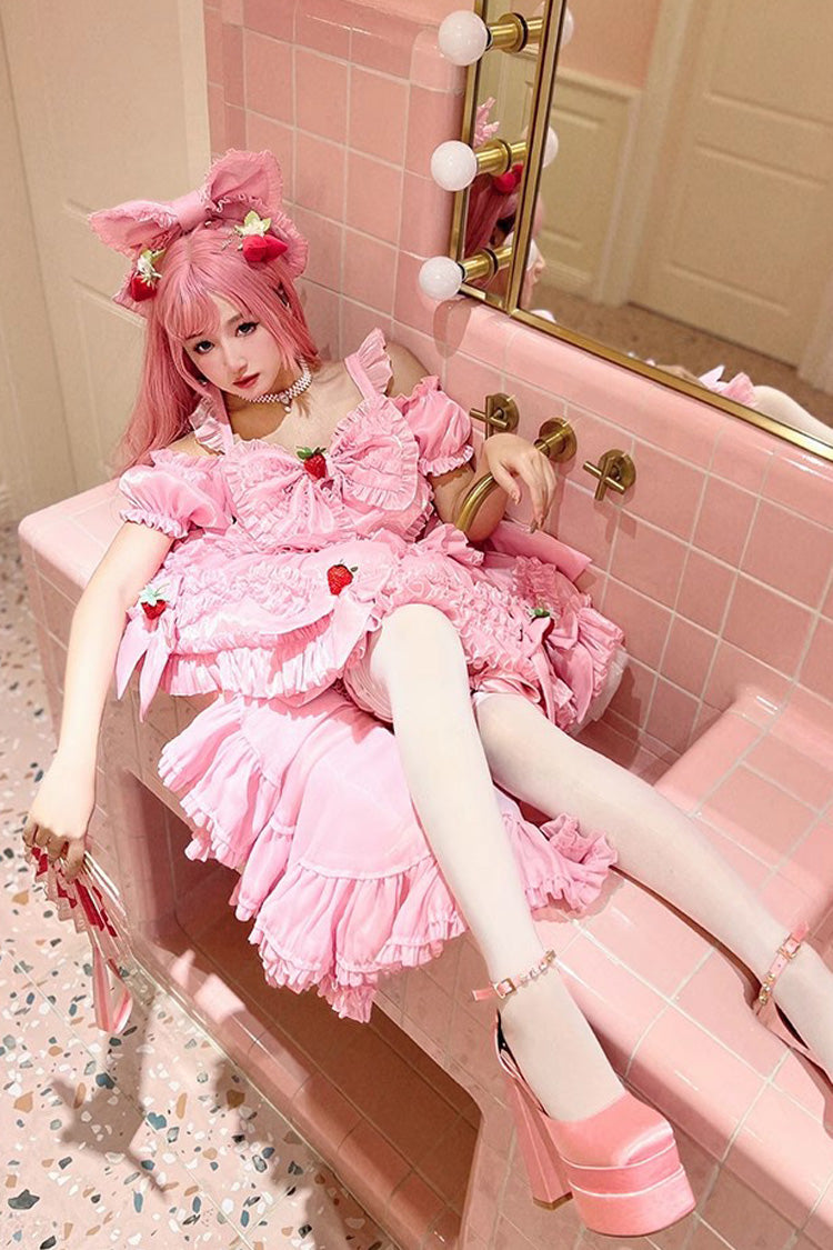 Pink Strawberry Magic Girl Party Theme Cute Sweet Princess Lolita Strapless Dress - Product - 5