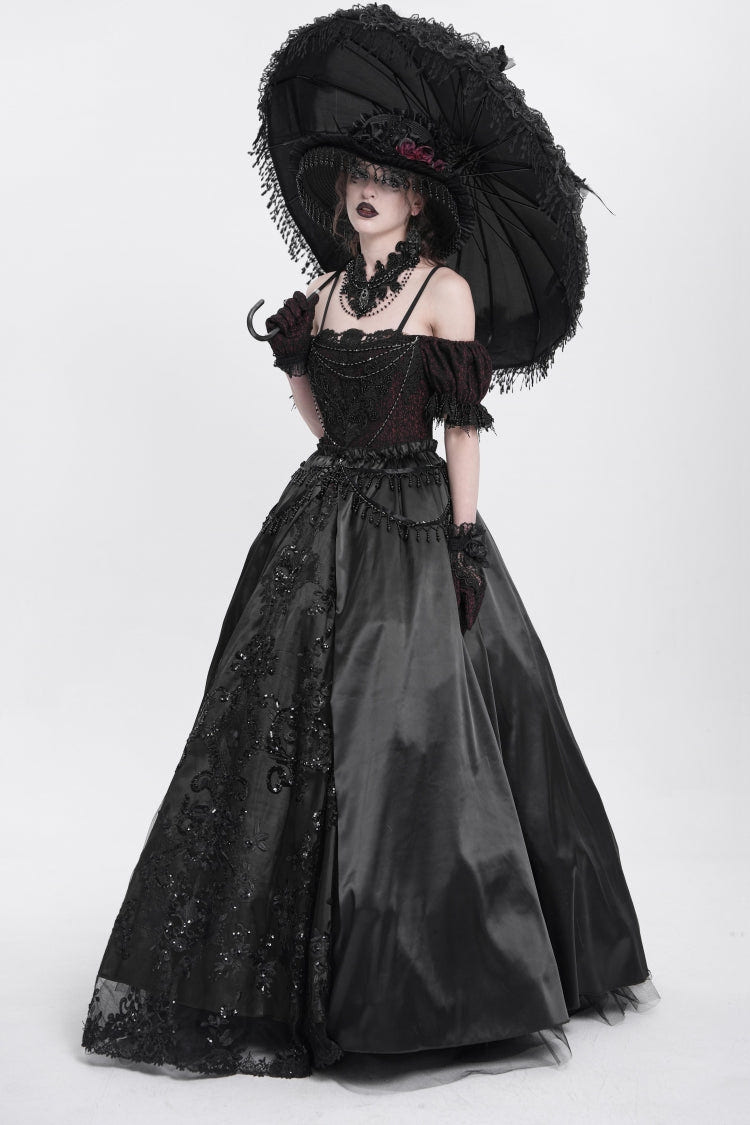 Black Off Shoulder Short Sleeves Jacquard Cardigan Stitching Lace Women's Gothic Dress - Product - 11