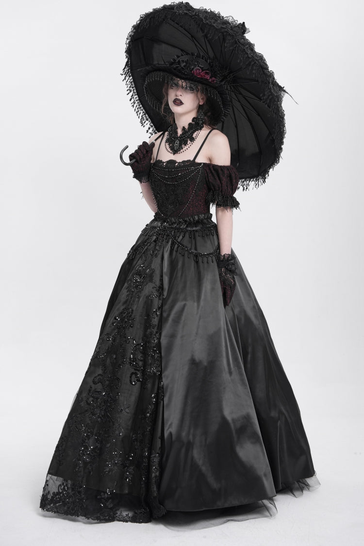 Black Off Shoulder Short Sleeves Jacquard Cardigan Stitching Lace Women's Gothic Dress - Product - 11
