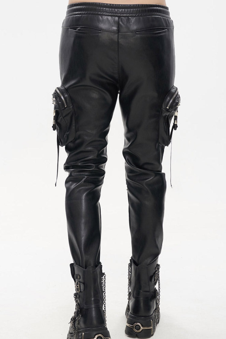Black Punk Leather Metal Rivets Zipper Stereoscopic Side Pockets Men's Pants - Product - 8
