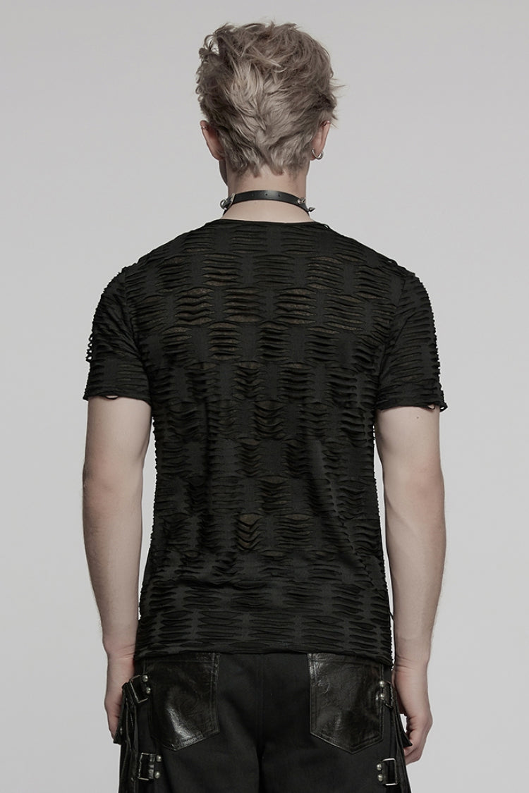 Black Short Sleeves Jacquard Faux Leather Stitching Ripped Rivet Men's Punk T-Shirt - Product - 3