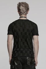 Black Short Sleeves Jacquard Faux Leather Stitching Ripped Rivet Men's Punk T-Shirt - Product - 3