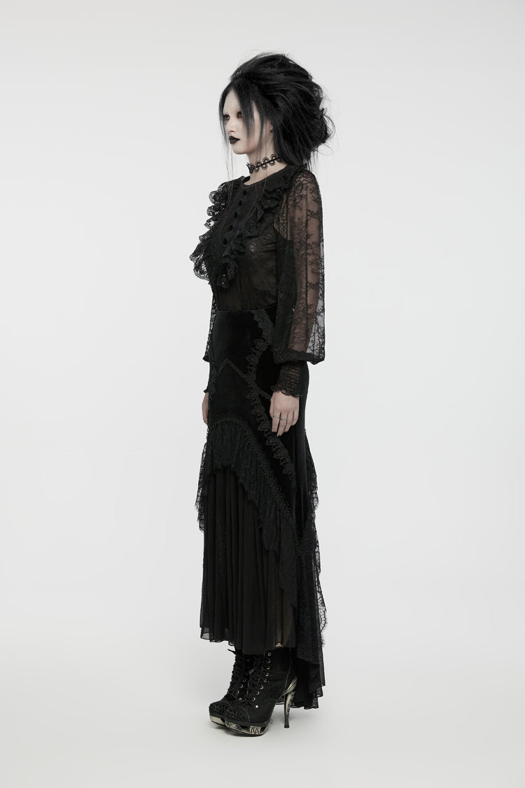 Black Round Collar Long Lantern Sleeves Ruffle Lace Women's Gothic Blouse - Product - 2