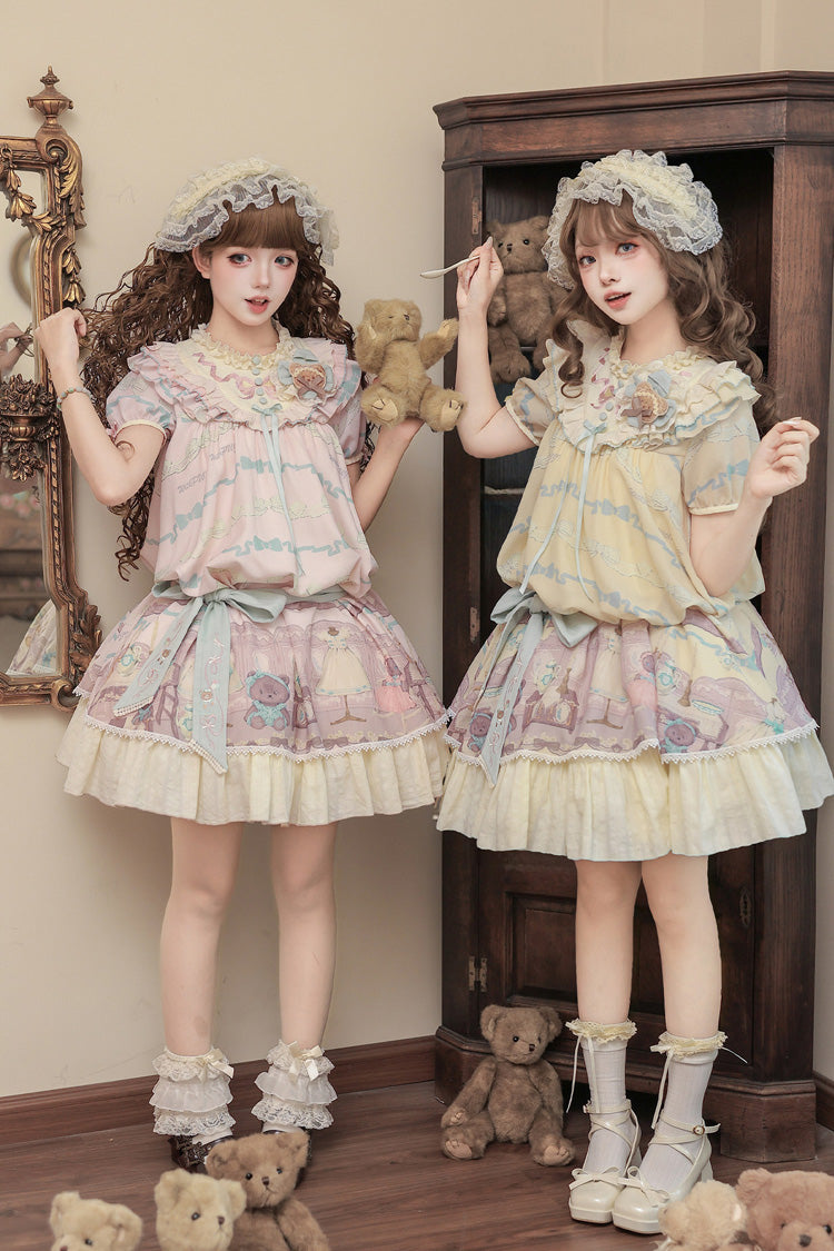 Pink [Brown Dollhouse] Short Sleeves Bear Printed Ruffled Bow Sweet Lolita Dress Set - Product - 7