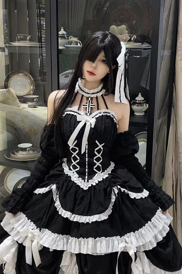 Black Cross Halterneck Ruffle Bowknot Lace Lace-Up Princess Gothic Lolita Dress - Product - 6