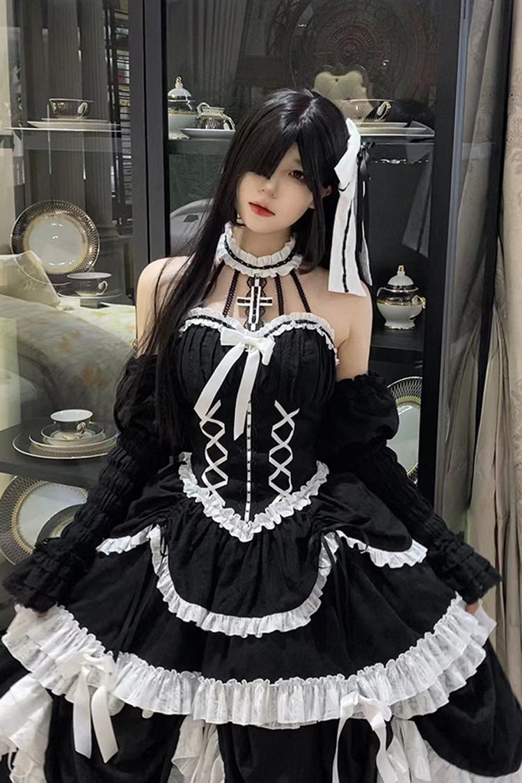 Black Cross Halterneck Ruffle Bowknot Lace Lace-Up Princess Gothic Lolita Dress - Product - 6
