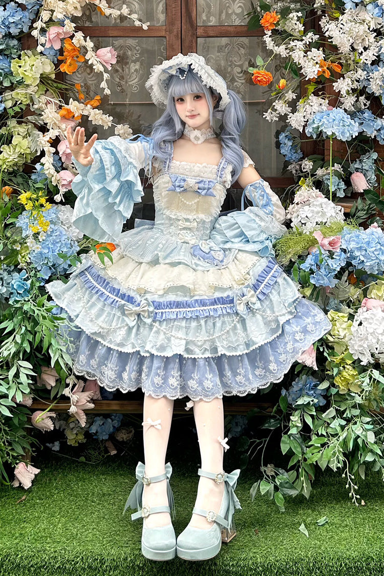 Blue [Falling Sakura] Multi-Layered Ruffled Hanayome Bow Lace Sweet Plus Size Princess Lolita Jsk Dress - Blue - 1