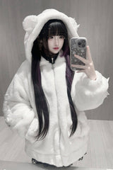 [Sleepy Bear Fluffy] Bear Ears Long Sleeves Bow Lace-Up Hooded Zippered Sweet Jirai Kei Japanese Coat - Product - 13
