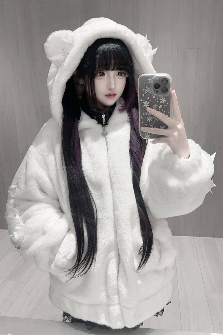 [Sleepy Bear Fluffy] Bear Ears Long Sleeves Bow Lace-Up Hooded Zippered Sweet Jirai Kei Japanese Coat - Product - 13