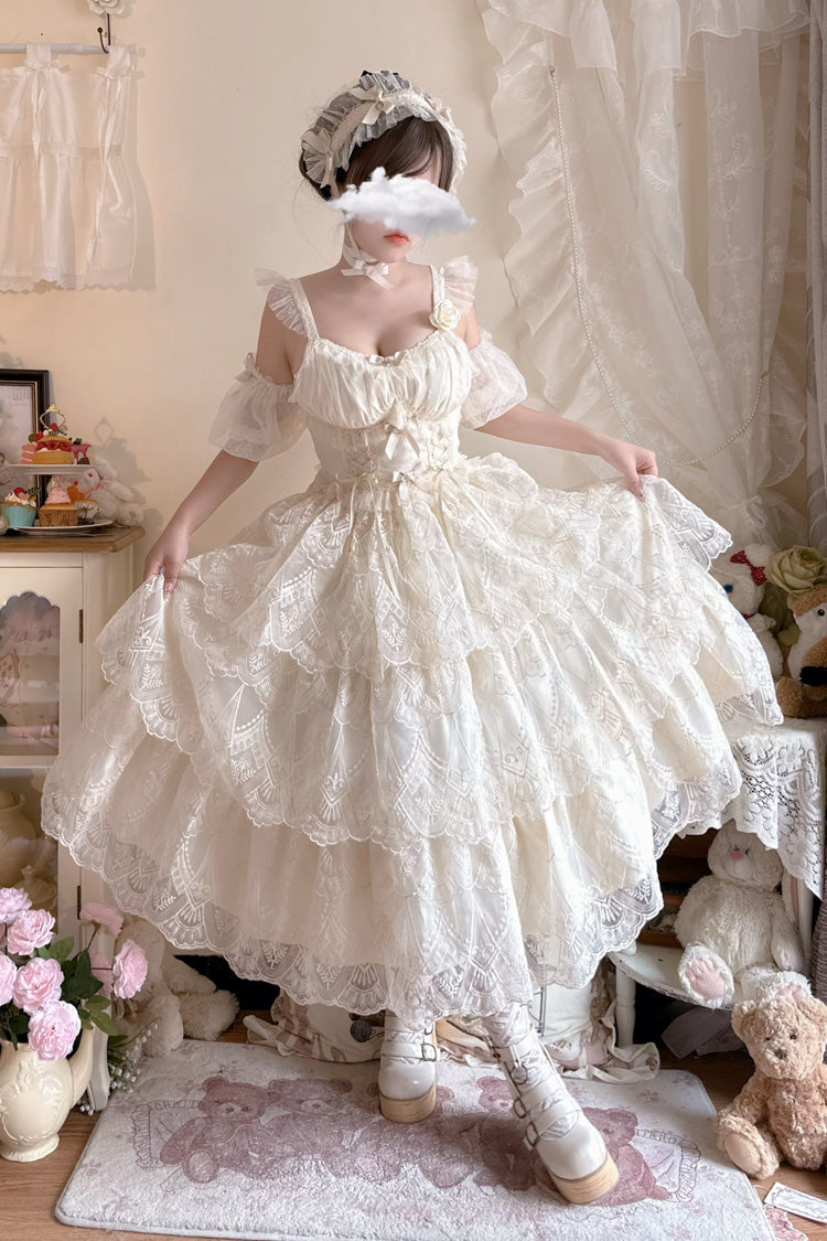 Ivory [Tidal] Triple-Layered Ruffle Bowknot Sweet Lolita Skirt 2 Versions - Product - 5