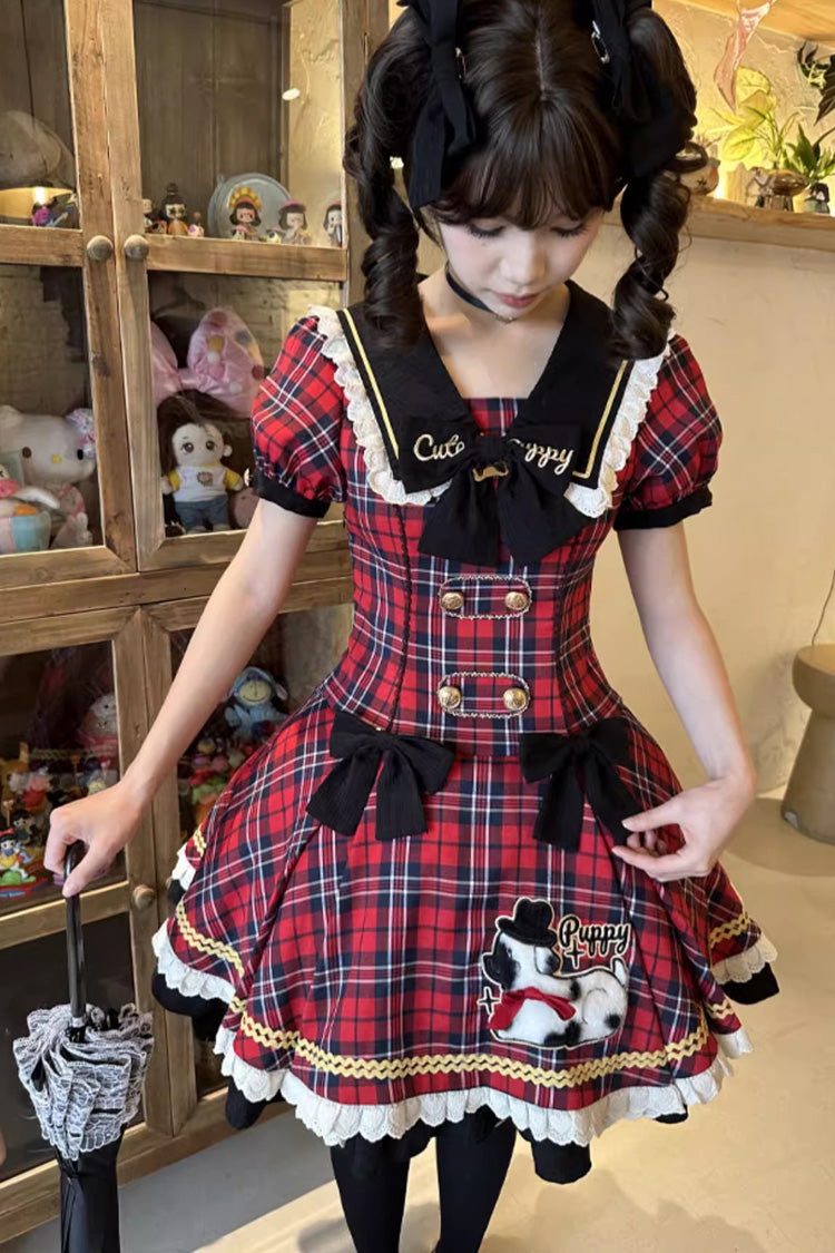 Red [Dalmatian] Short Sleeves Print Ruffle Bowknot Slim Sweet Lolita Dress - Product - 6