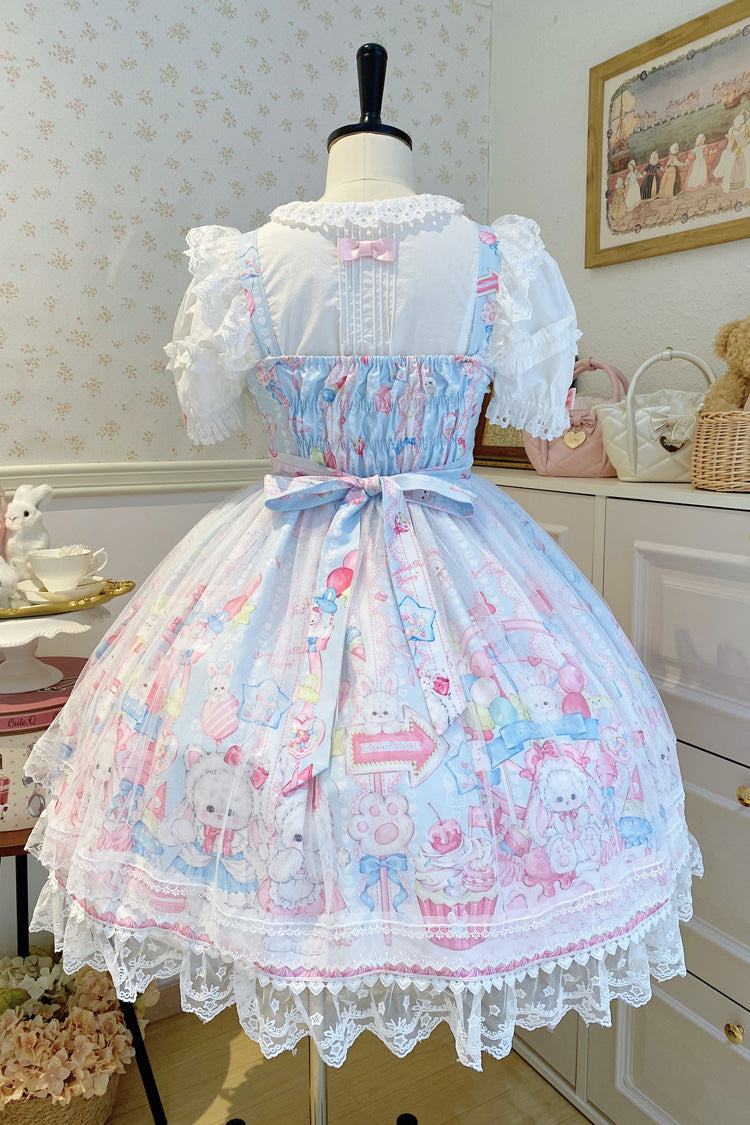 Blue [Cute Rabbit Sweet Cake] Print Ruffle Bowknot Lace Sweet Lolita Jsk Dress - Product - 2