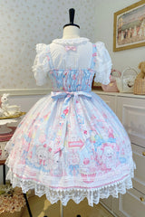 Blue [Cute Rabbit Sweet Cake] Print Ruffle Bowknot Lace Sweet Lolita Jsk Dress - Product - 2