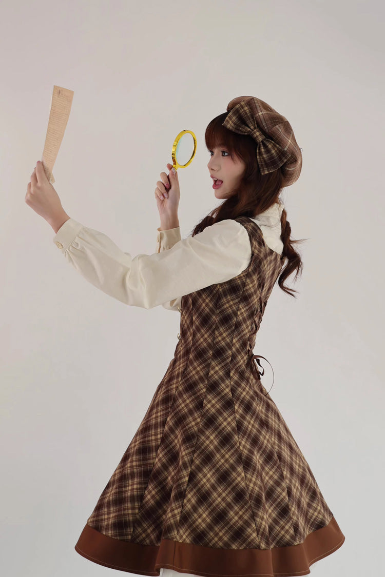 Brown [Broken Pocket Watch] Sleeveless Printed Classic Lolita Bust-Support Jsk Dress - Product - 11