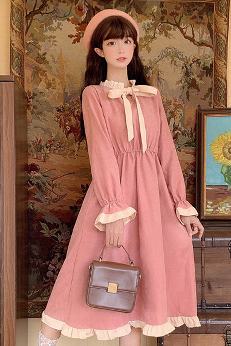 Round Collar Ruffle Lace Trumpet Sleeves Slimming Sweet Lolita OP Dress - pink - 3