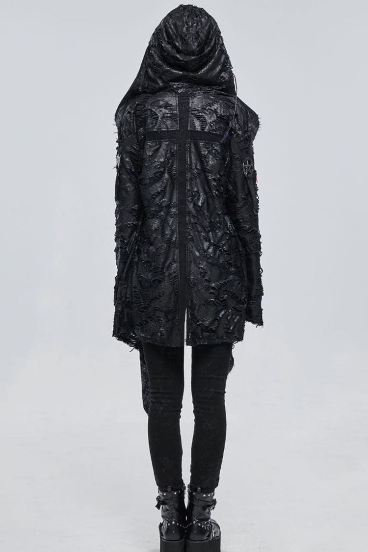 Black Punk Diablo Hole Design Cross Shape Stitching Transparent Mesh Metal Decoration Knitted Women's Coat - Product - 9