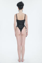 Black Pentagram Print Side Cutout Strap Women's Gothic One Piece Swimsuit - Product - 6