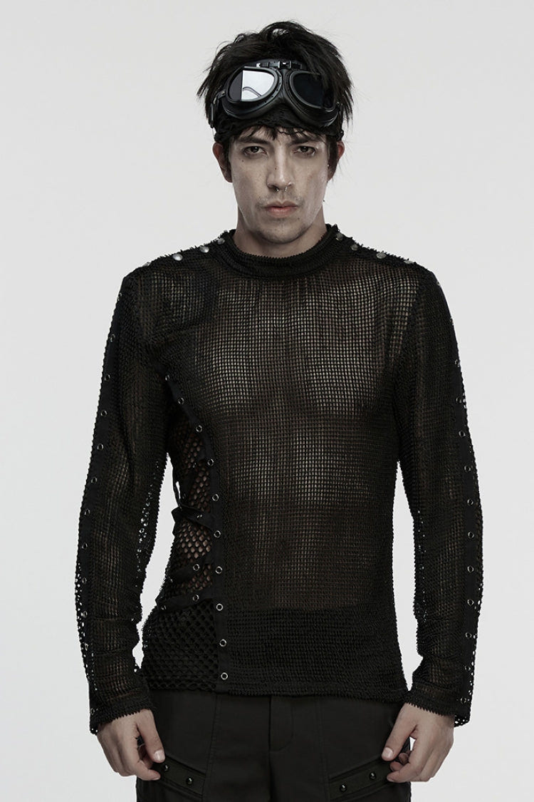 Black Long Sleeves Mesh Eyelet Men's Punk T-Shirt - Black - 1