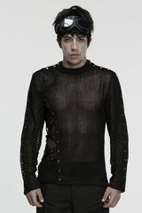 Black Long Sleeves Mesh Eyelet Men's Punk T-Shirt - Black - 1