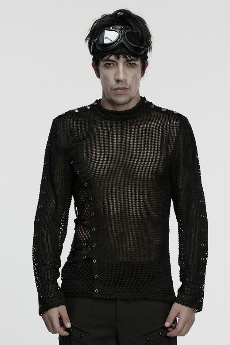 Black Long Sleeves Mesh Eyelet Men's Punk T-Shirt - Black - 1