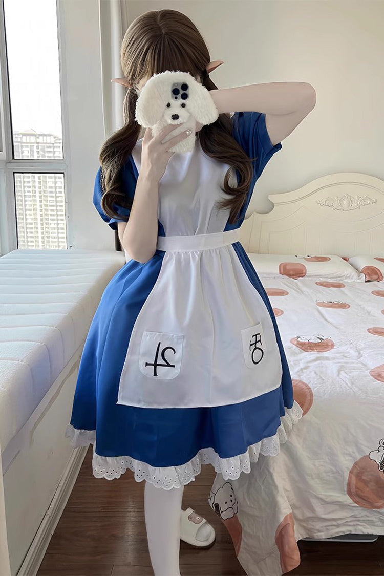 Blue/White [Alice Madness Returns] Short Sleeves Ruffle Sweet Plus Size Lolita Dress Full Set - Product - 2