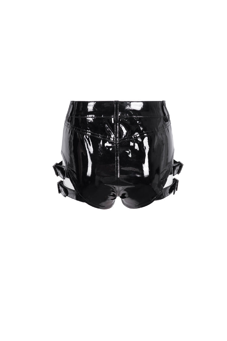Black Buckle Faux Leather Punk Women's Shorts - Product - 7