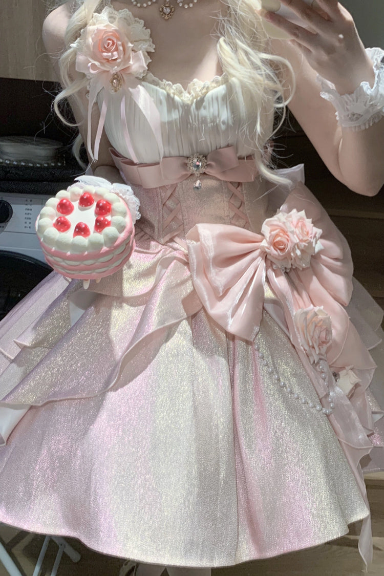 Pink [Rose Heart Knot] Ruffle Hanayome Bowknot Sweet Princess Gorgeous Lolita Jsk Dress - Product - 8
