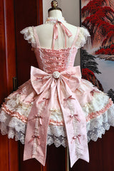Pink [Rose Feather Romance] Square Collar Ruffled Bow Lace Ballet Sweet Lolita Jsk Dress - Product - 4