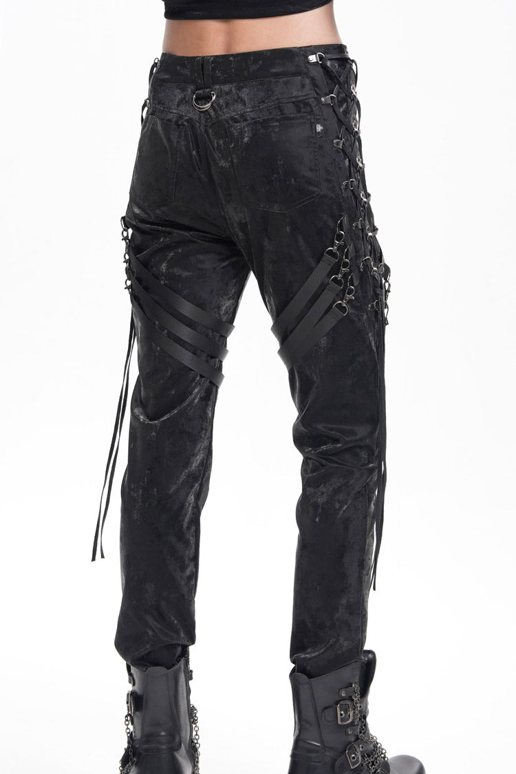 Black Buckle-up Spaghetti Straps Stitching Men's Gothic Pants - Product - 4