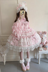 Pink [Knot of the Crossed Heart] Sleeveless Multi-Layered Ruffle Hanayome Cardigan Bowknot Lace Lace-Up Sweet Lolita Jsk Dress - Pink - 1