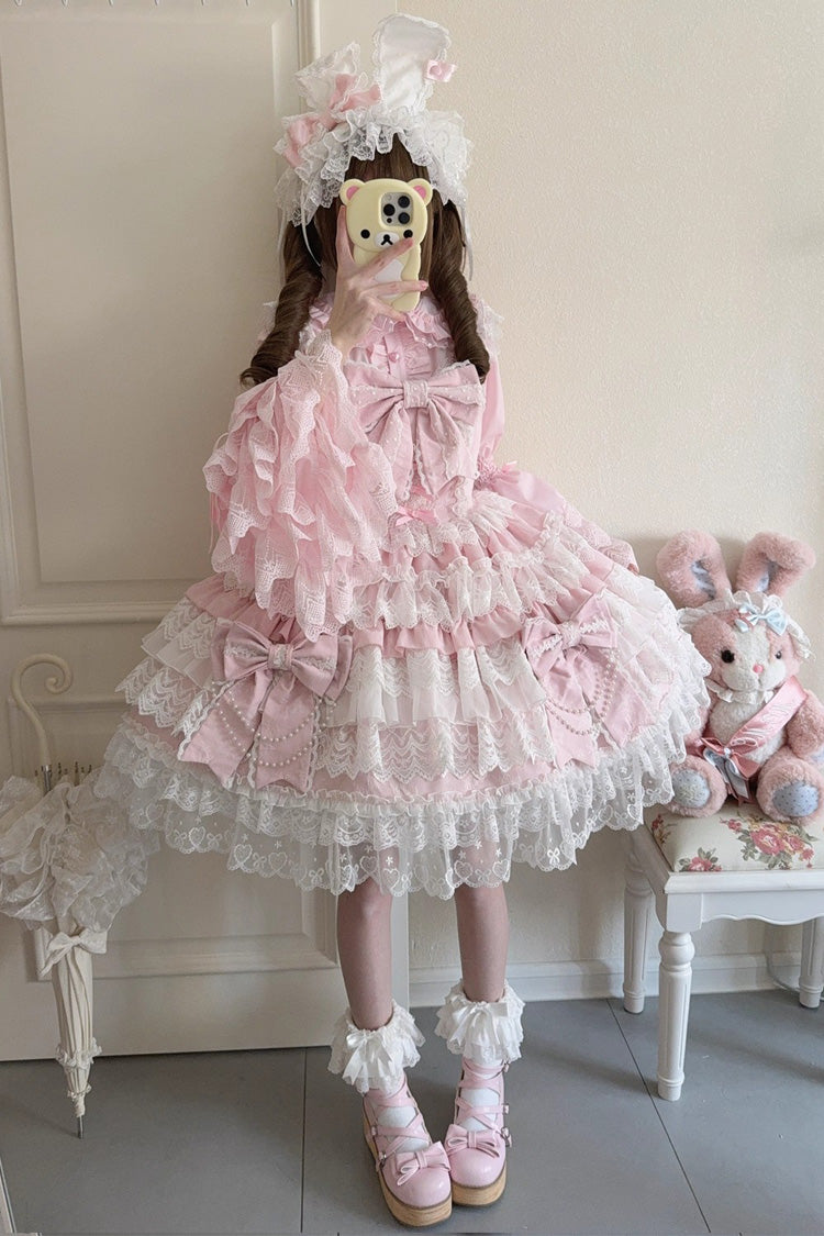 Pink [Knot of the Crossed Heart] Sleeveless Multi-Layered Ruffle Hanayome Cardigan Bowknot Lace Lace-Up Sweet Lolita Jsk Dress - Pink - 1